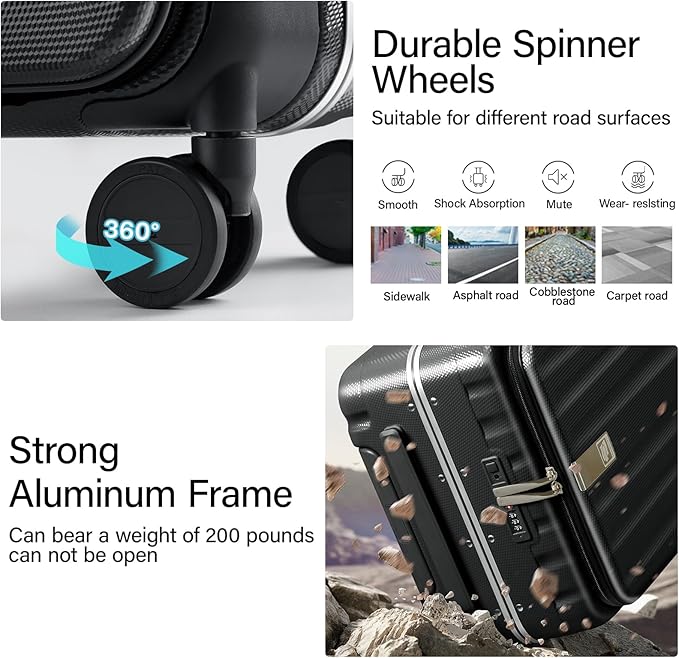 Hanke 24 Inch Checked Luggage PC Hard Shell Suitcases for Travel Front Opening Aluminum Frame Travel Luggage Rolling Suitcase with Wheels.(Jet Black)