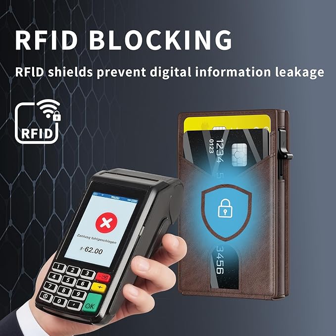 KISUEDZP Wallet for Men Slim RFID Blocking-Metal Smart Pop-Up Credit Card Holder with 2 ID Windows, Holds 8-10 Cards,Bifold Minimalist Front Pocket Wallet & Money Clip,Men's accessories (Coffee)