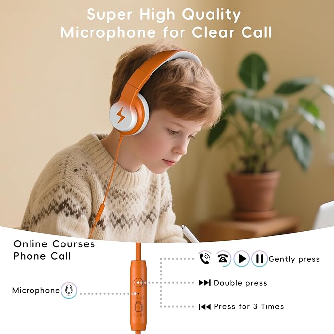 Kids Headphones, Wired Headphones for Kids Over Ear with Microphone, 85/94dB Volume Limiter Headphone for Girls Boys, Foldable Headphone for Learning & Entertainment, White and Orange
