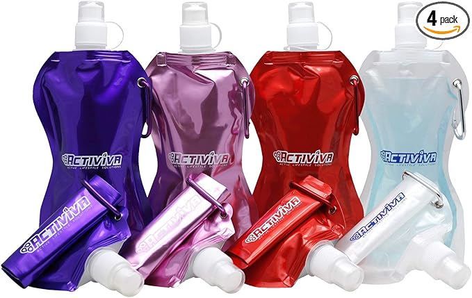 USA Merchant | Collapsible Reusable Water Bottle with Carabiner Clip Light Weight Leak Proof Foldable Drinking Water Bottle Non Toxic BPA Free - 16.9 oz 4 Pack (Pink, Purple, Red, Clear)
