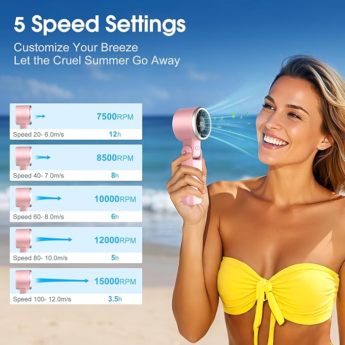 WHATOOK Portable Handheld Fan: Personal Fans with Air Turbo Tech, 5 Speeds Led Display, USB Rechargeable Battery Powered, 12 Hours Max, Mini Fan for Makeup, Concerts, Beaches, Travel (Pink)