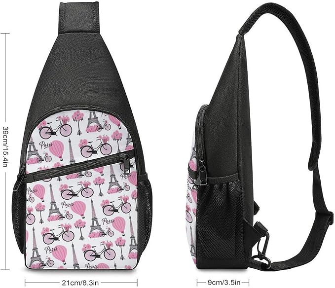 SWEET TANG Sling Bag Crossbody Backpack for Women Men, Breathable Multipurpose Satchel Bag Paris Pink Eiffel Tower, Anti Theft Funny Outdoor Daypack