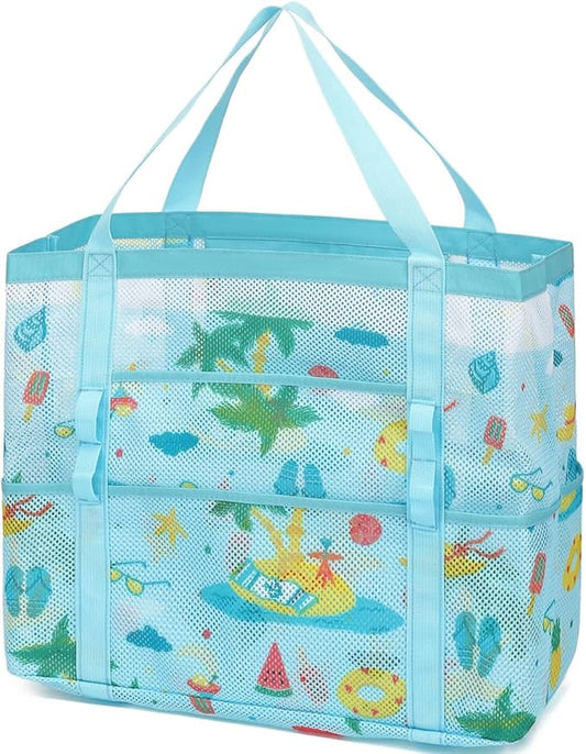 Mesh Beach Bag, Large Beach Tote with Zipper Pocket for Family Pool Bag for Toys & Vacation Essentials