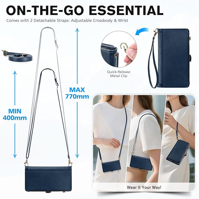 TUCCH Crossbody Detachable Wallet Case for iPhone 17 Pro 6.3" 2025, 9 Card Holders RFID Blocking, Wireless Charging, Stand, Wrist Strap, Lanyard, Zipper Pocket, PU Leather Shockproof Cover, Dark Blue