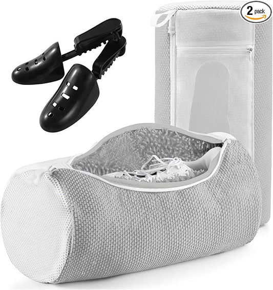 Shoe Washing Machine Bag for Washer and Dryer - Reusable Lint-free, Large Laundry Shoe Bag for Sneakers Tennis Home Washing Kit, Includes Shoe Trees to Prevent Deformation, Grey 2pcs