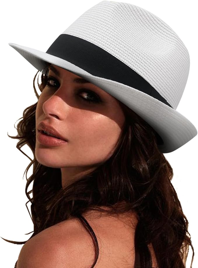DRESHOW Women Straw Panama Hat Travel Fedora Beach Sun Hat Summer Wide Brim Straw Roll up Hat UPF 50+