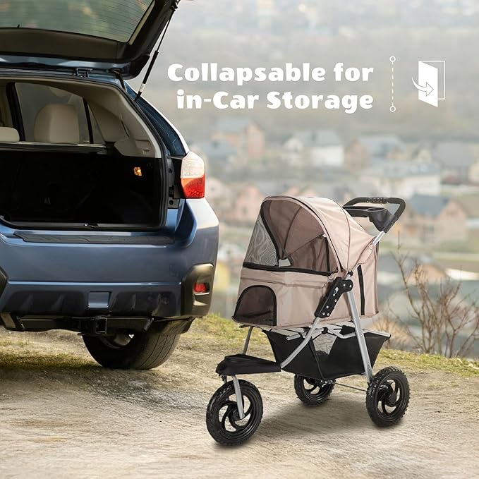 Critter Sitters 3-Wheel Jogging Dog Stroller with Storage Basket and Cup Holders, Modern and Stylish Pet Stroller for Medium to Large Pets up to 55 Pounds, Tan