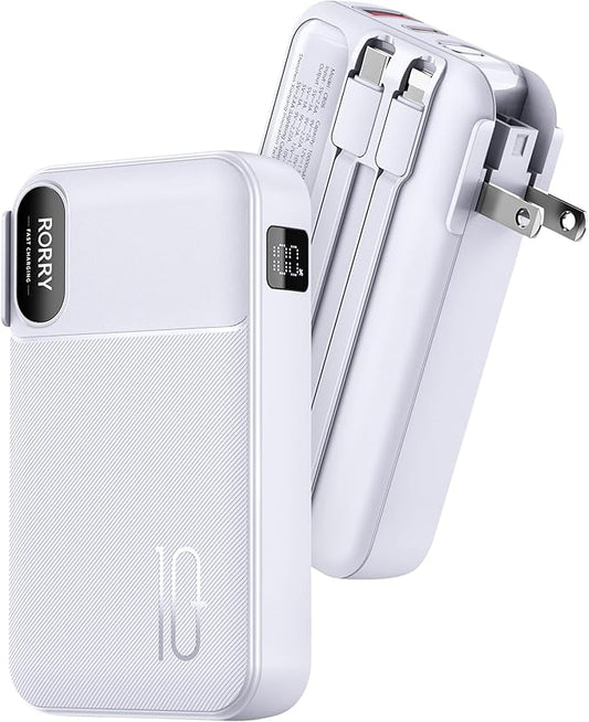 RORRY Portable Charger Built in Cables, AC Wall Plug in Portable Charger Power Bank 10000mAh Travel Battery Pack 22.5W Fast Charging for iPhone 17/16/15 Samsung Galaxy S24/S23 Pixel LG iPad, Purple