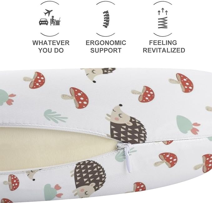 Cute Travel Neck Pillow Autumn Hedgehogs Leaves Mushrooms Memory Foam U Shaped Cushion, Washable Cover for Boys Girls Airplane Car School Nap