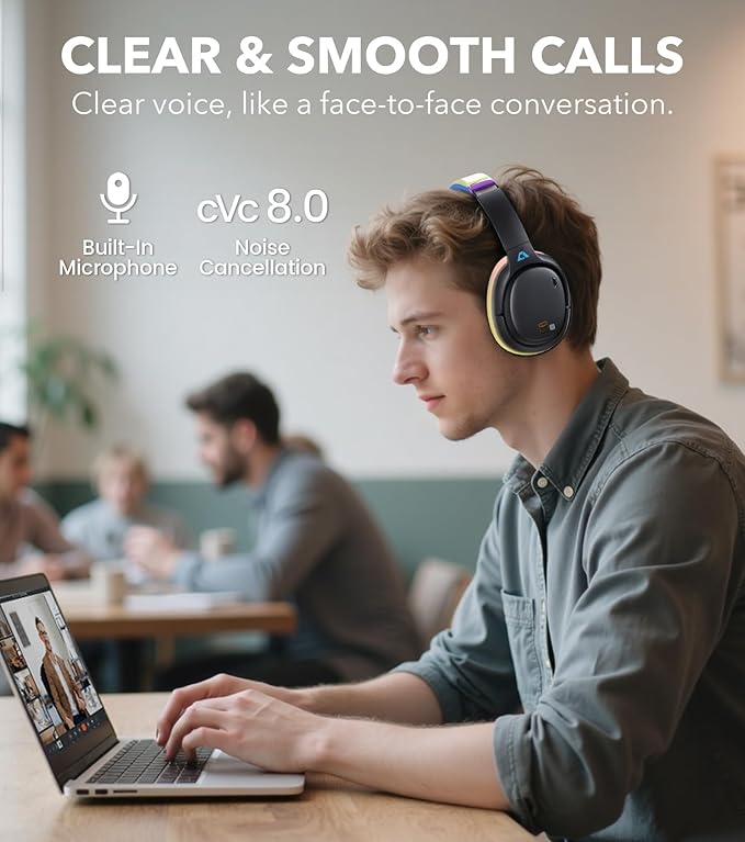 1Mii E700 Wireless Bluetooth Over Ear Headphones with Active Noise Canceling, Hi-Res Audio LDAC/aptX Low Latency for Airplane Travel Overhead Comfort, 54H Playtime, Custom EQ via App - Colorful