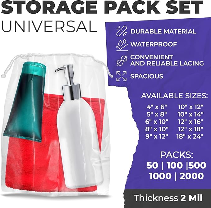 Disposable Drawstring Bags PE 2 Mil with Double Cotton Drawstrings