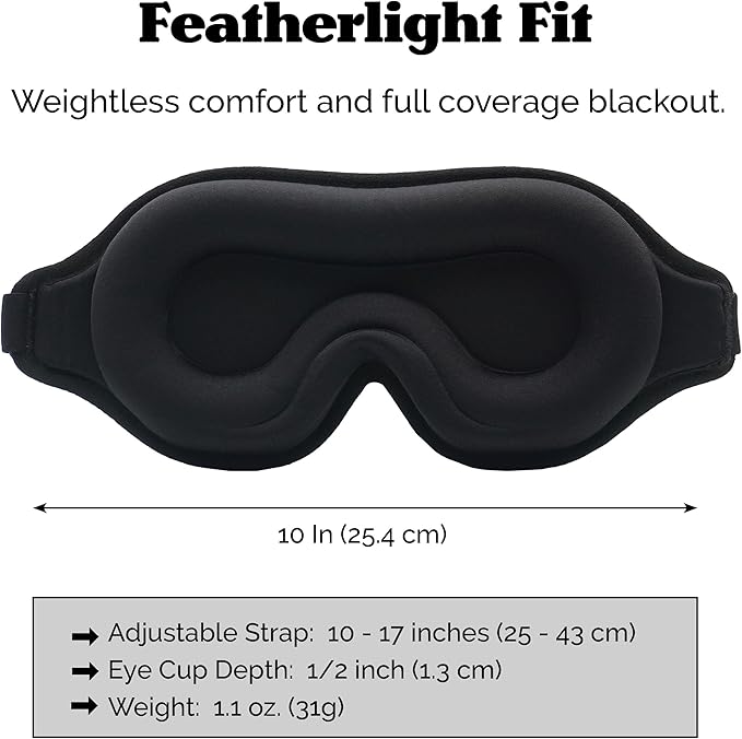 Complete Light Blocking 3D Sleep Mask – Blackout Eye Mask for Sleeping, Lash Extensions & Side Sleepers – Pressure-Free Comfort with Adjustable Strap, Travel Bag & Earplugs