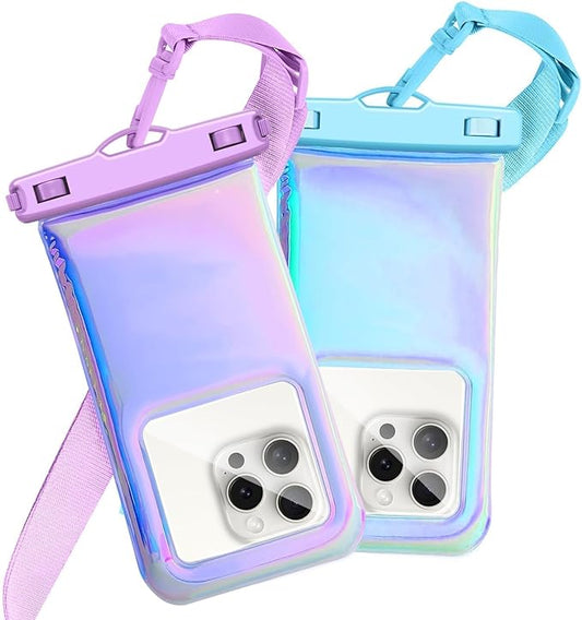 Floatable Waterproof Phone Pouch Case 2 Pax for iPhone 17 16 Pro Max/15/14/13/12, IP68 Travel Cellphone Dry Bag Beach Cruise Ship Essentials Bags with Crossbody Lanyard, Iridescent Purple and Blue-7″