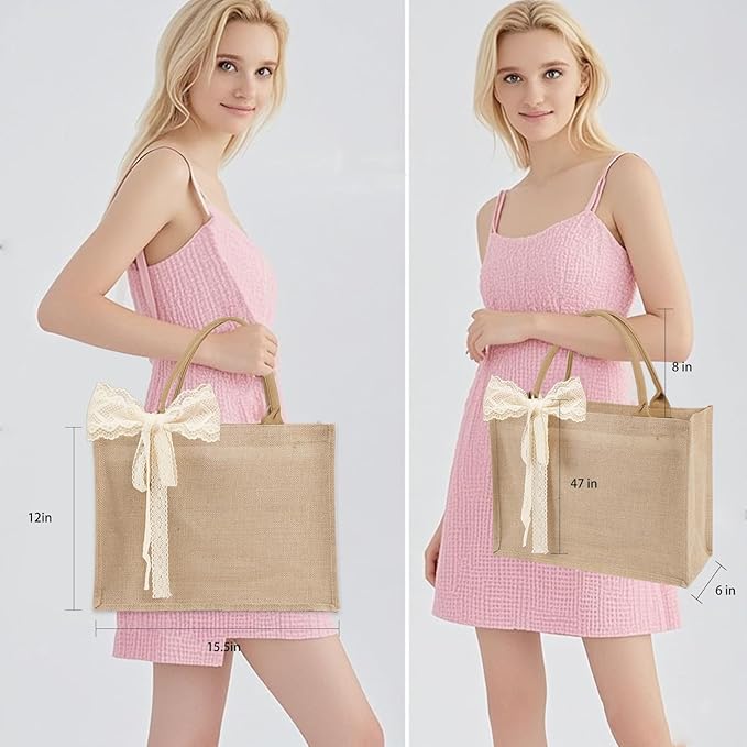 12pcs Burlap Tote Bag Set with Handles, Waterproof Reusable Blank Water Resistant Grocery Bags with Ribbon Large Jute Tote 15.35*6*12 Inch for Women Bridesmaid Gift Beach Shopping Wedding Travel DIY