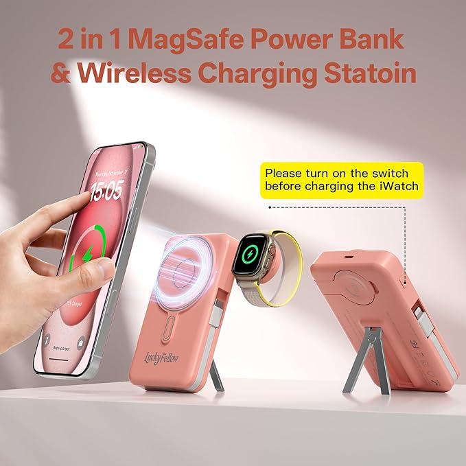 Magnetic 10000mAh Portable Charger Built-in Cables Compatible with iWath, iPhone and Android Devices, 22.5W PD Fast Charging External Battery Pack Slim Wireless Power Bank