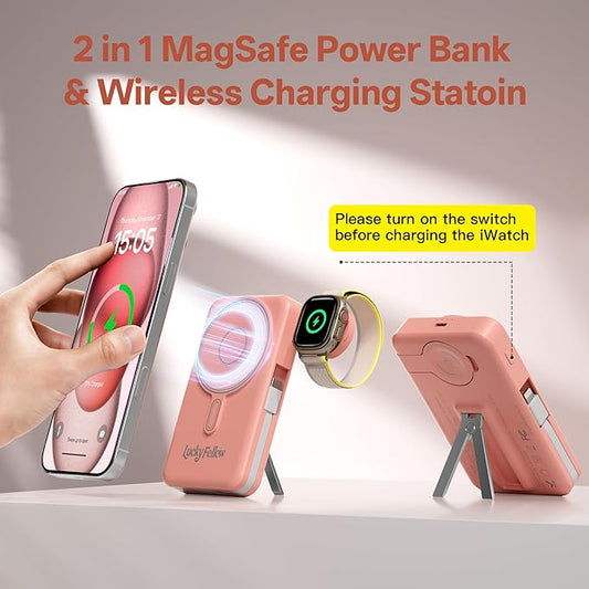 Magnetic 10000mAh Portable Charger Built-in Cables Compatible with iWath, iPhone and Android Devices, 22.5W PD Fast Charging External Battery Pack Slim Wireless Power Bank
