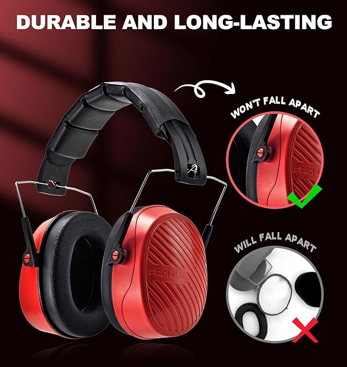 PROHEAR 038 Ear Protection Safety Earmuffs for Mowing, 28dB Noise Reduction Passive Hearing Protector, Compact Foldable Headset for Shooting Construction Power Tools, Red