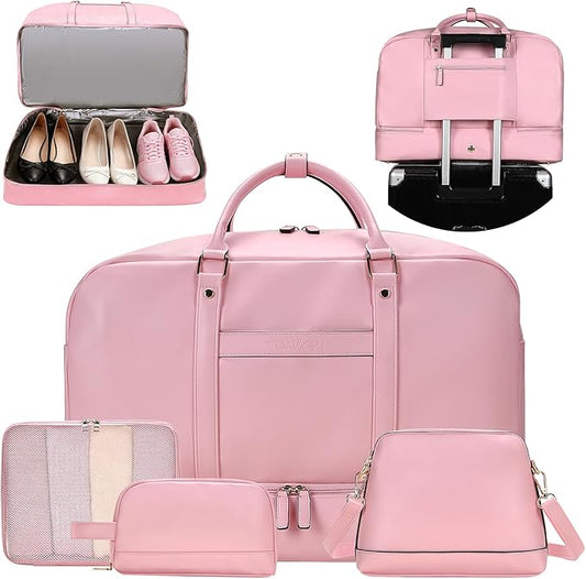 4PCS Leather Duffle Bags, Weekender Bag for Women Men, Large Travel Duffel-Overnight Bag with Toiletry, Makeup, Shoulder Bag, Faux Leather Carry On with Shoe Compartment (Pink)