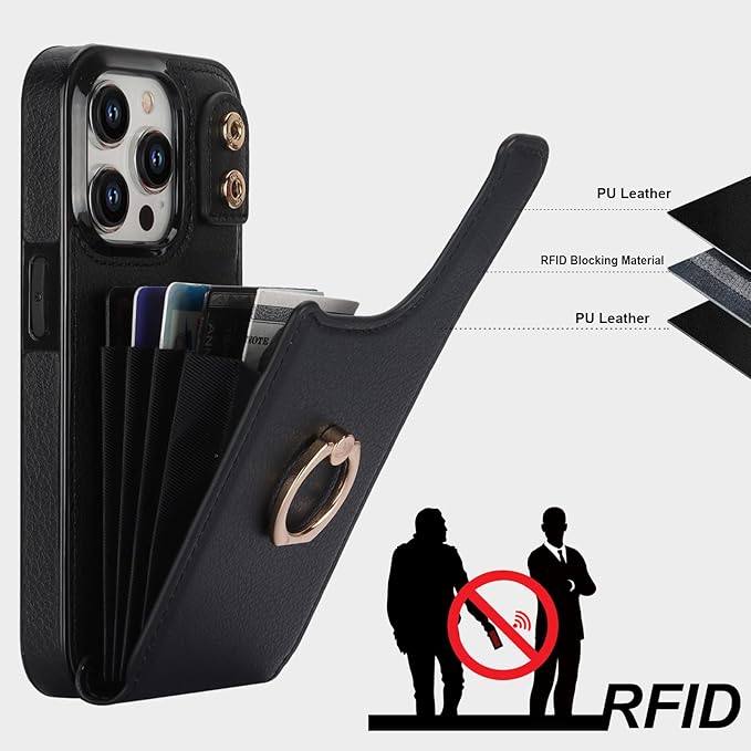 Folosu Compatible with iPhone 15 Pro Case Wallet with Card Holder, 360°Rotation Finger Ring Holder Kickstand, RFID Blocking Leather Protective Double Buttons Shockproof Cover 6.1 Inch Black