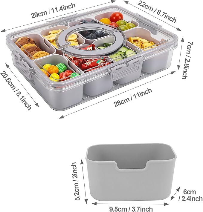 shopwithgreen Snackle Box Container, Divided Serving Tray with Lid and Handle for Party, Veggies, Fruit, Nuts, Food Tray Platter Charcuterie Snack Box Container for Entertaining, Picnic,Gray
