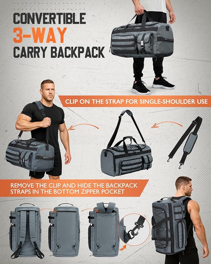 Gonex 45L Duffel Bag for Men, 3 in 1 Convertible Carry Gym Duffle with Shoe Compartment, Tactical Gear Loops, Water-Repellent Lining, Workout & Travel Bag (Gray)