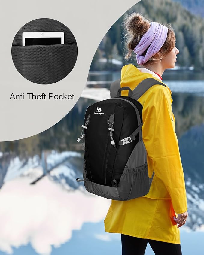 30L Small Waterproof Hiking Backpack with Chest Strap for Men, Lightweight Outdoor Backpack, Black