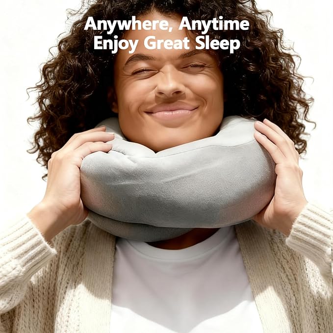 Travel Neck Pillows for Airplanes - Memory Foam Travel Pillow, 360° Ergonomic Neck Support, Compact Design Ideal for Airplane, Car Rides, Office (Gray)
