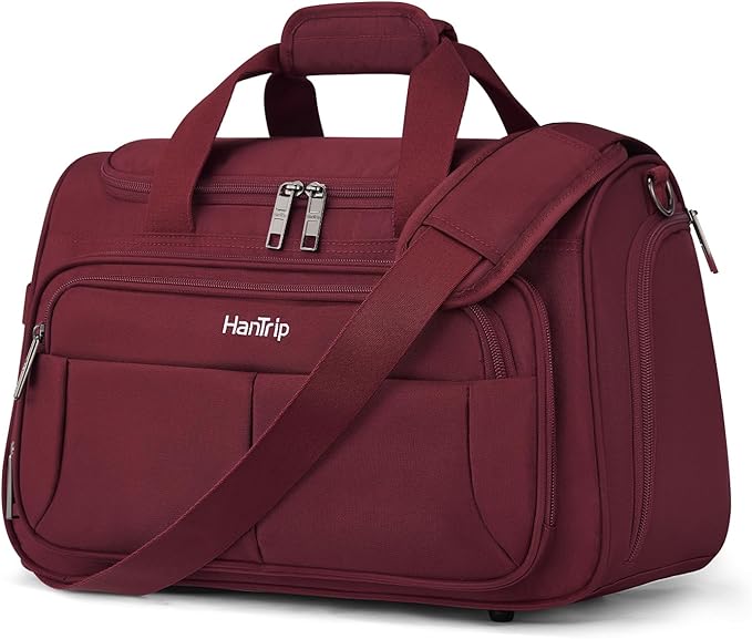 HanTrip Carry on Duffel Bag Foldable Duffle Bags for Travel, Under Seat Personal Item Bags for Airplanes, Weekender Overnight Mens Travel Tote Bag for Women Small Softside Carry on Luggage (Burgundy)