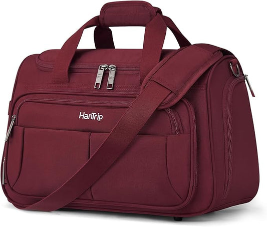 HanTrip Carry on Duffel Bag Foldable Duffle Bags for Travel, Under Seat Personal Item Bags for Airplanes, Weekender Overnight Mens Travel Tote Bag for Women Small Softside Carry on Luggage (Burgundy)