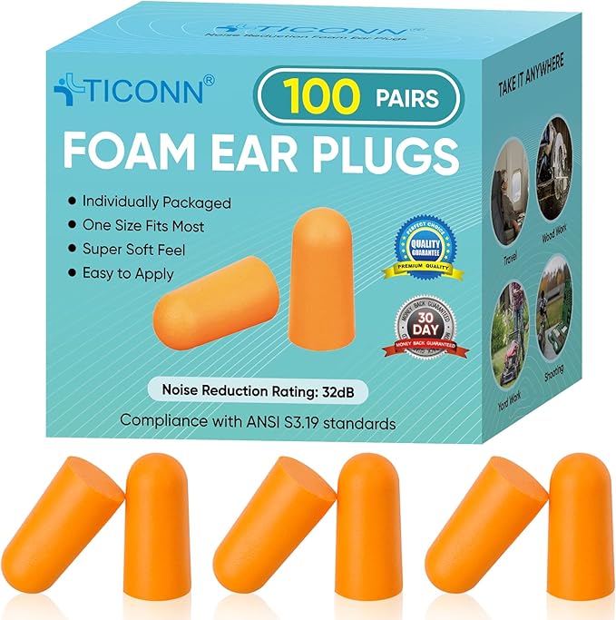 TICONN 100 Pairs Ear Plugs, 32dB Noise Reduction Earplugs for Sleeping Hearing Protection Travel Study Concentration Construction Site (100 Pairs)
