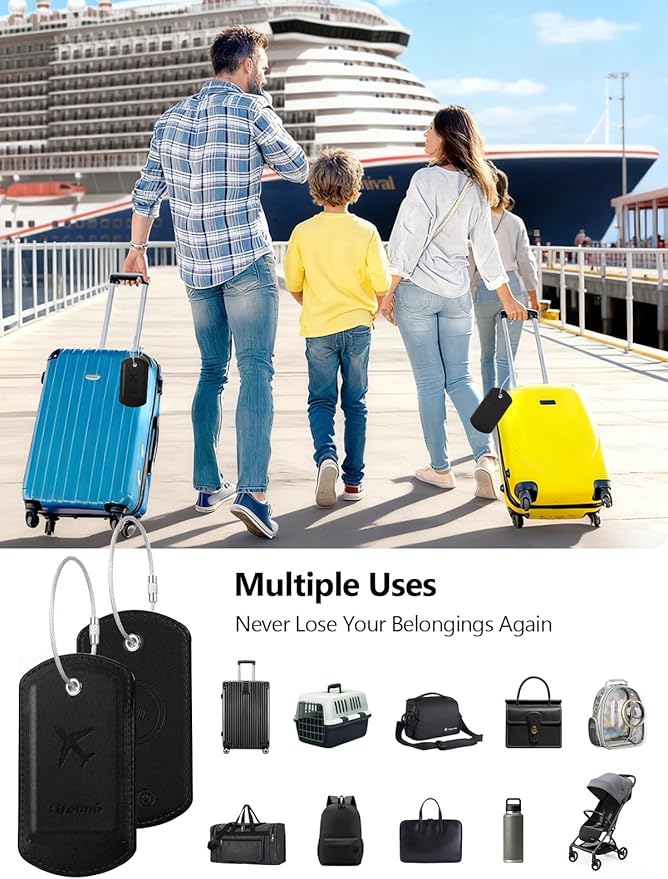 Luggage Tag with Tracker (iOS Only), Premium PU Leather Luggage Tags for Suitcase, Privacy Cover & ID Card Slot, Stainless Loop for Travel Bags, Backpack, Pet Carrier, Ideal Gadgets (Black)