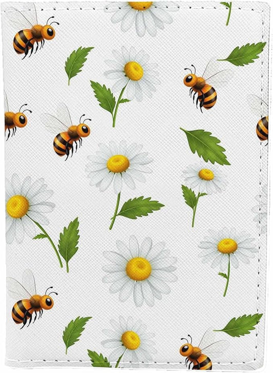 Bees and Flowers Passport Holder for Travel White Camomile Daisies Honey PU Leather Passport Cover Wallet Cute Passport Card Holder for Women and Men