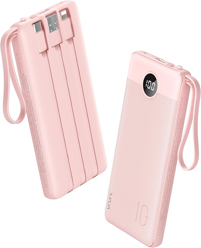 VRURC Portable Phone Charger, 20W PD Fast Charging Portable Charger for iPhone, 10000mAh Battery Bank with Cables, 4 Output 3 Input USB C Battery Pack for iPhone 16 15 14 13,Samsung Galaxy Series-Pink