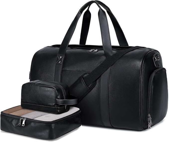 Wogarl 3PCS Leather Weekender Bag for Women Men: Large Overnight Travel Duffel Bags with Shoe Compartment Toiletry Packing Cube Carry On Tote Fit 21"(Black)