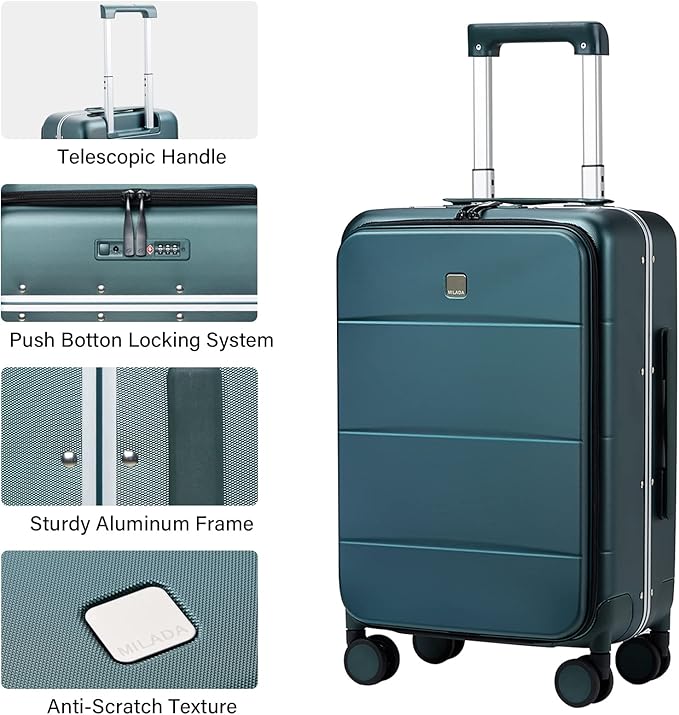 MILADA Carry On Luggage 22x14x9 Airline Approved Spinner Wheels TSA Luggage 20 Inch Hard Shell Suitcases Front Opening Pocket Rolling Aluminum Frame Travel Luggage, Blackish Green
