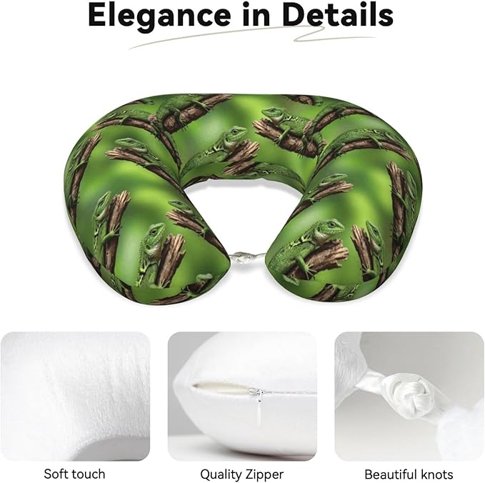 Comfortable Memory Foam Travel Neck Pillow, Funny Chin/Head Cushion Supporting Airplane Car Pillows Green Tree Bearded Dragon Lizards for Sleeping Outdoors Travel Office