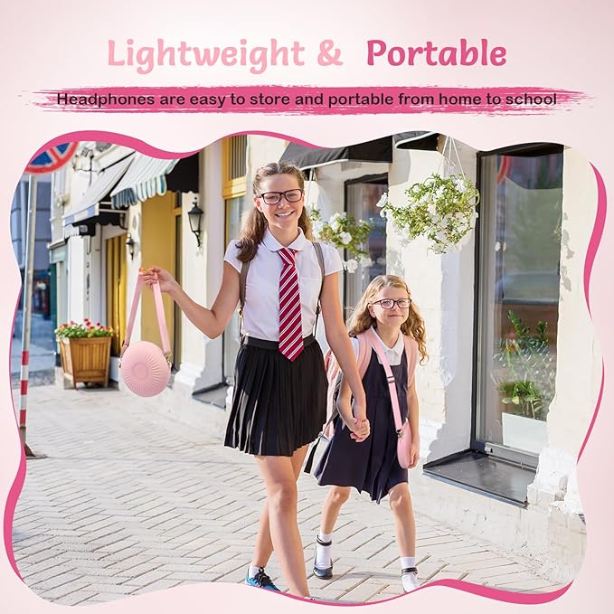 Kids Wired Headphones with Microphone, Volume Limited to 85/94dB, Foldable 3.5mm Jack Headset for Girls, Pink Over-Ear Headphones for School, Study & Travel, Includes Carry Case（Pink）