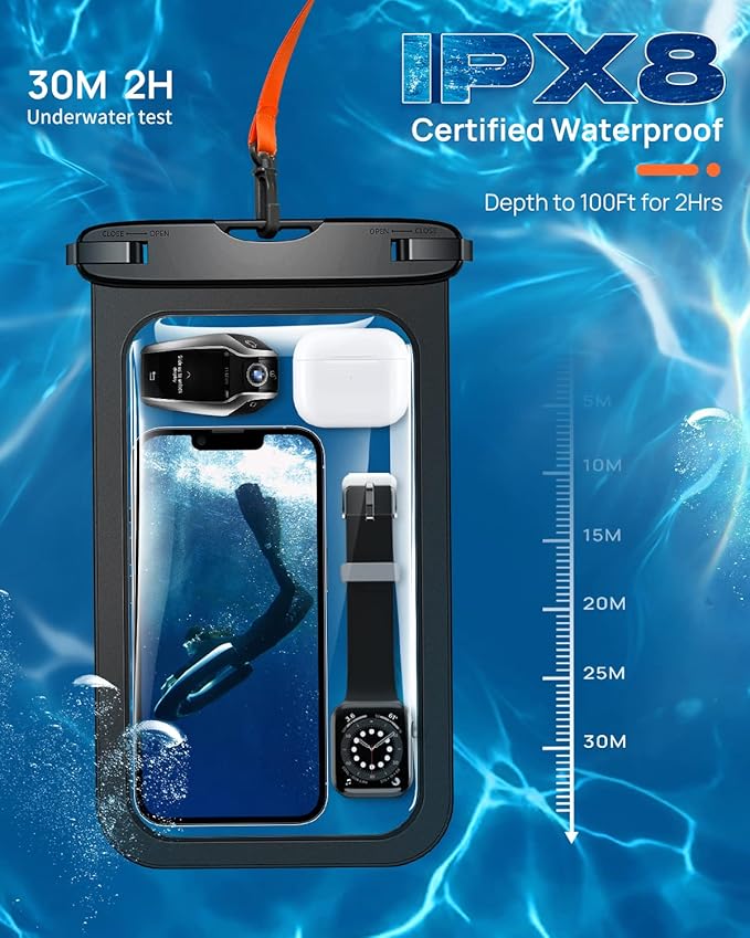 Lanhiem 10.5" Large Waterproof Phone Pouch, 2 Pack Universal IPX8 Waterproof Dry Bag with Lanyard for iPhone 16 15 14 Pro Max, Samsung Galaxy S25 S24 S23 Ultra, S24 FE, Pixel 9A 8 Pro, Black+Black