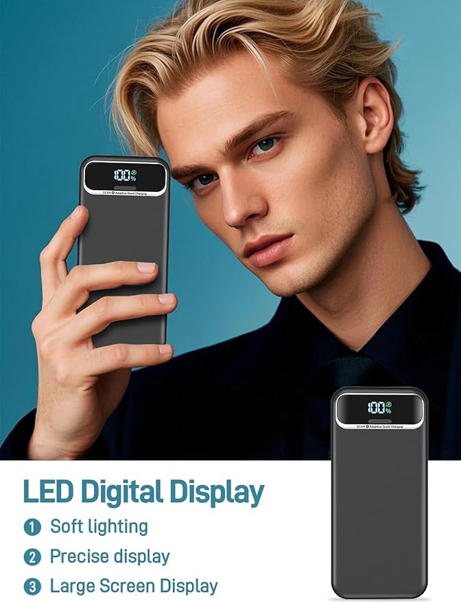 Portable Charger, 20000mAh 22.5W Fast Charging Power Bank with Built-in Cables & Wall Plug, Travel Essential External Battery Pack with LED Display, USB C Battery Phone Charger for iPhone iPad Black