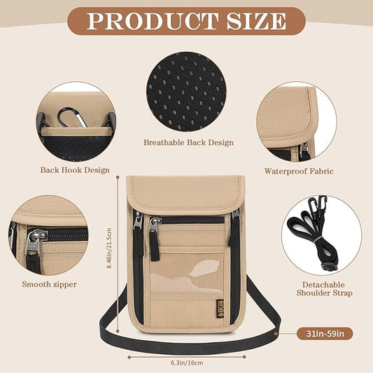 Passport Holder for Travel, Neck Pouch Travel Wallet With RFID Blocking, Waterproof Lightweight Passport Wallet for Women and Men (Khaki)