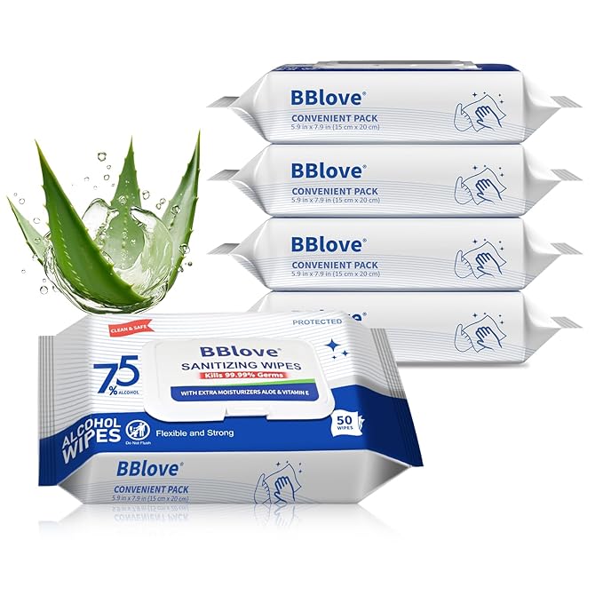 75% Alcohol Unscented Sanitizer Wipes, Moisturizing Hand Sanitizing Wet Wipes with Aloe Vera, 200-Count Bulk Pack with Travel-Friendly Design, 50 Count x 4 Packs