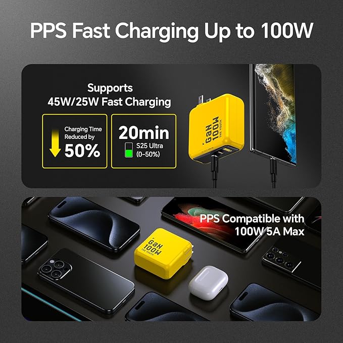 AOHI Youth 100W GaN USB C Wall Charger, 3-Port Laptop Fast Charger Type C Power Adapter PPS PD for MacBook Pro/Air, iPad Pro, iPhone 17/16 Pro Max, Galaxy S24 Ultra/Note, Pixel, Steam Deck, Yellow
