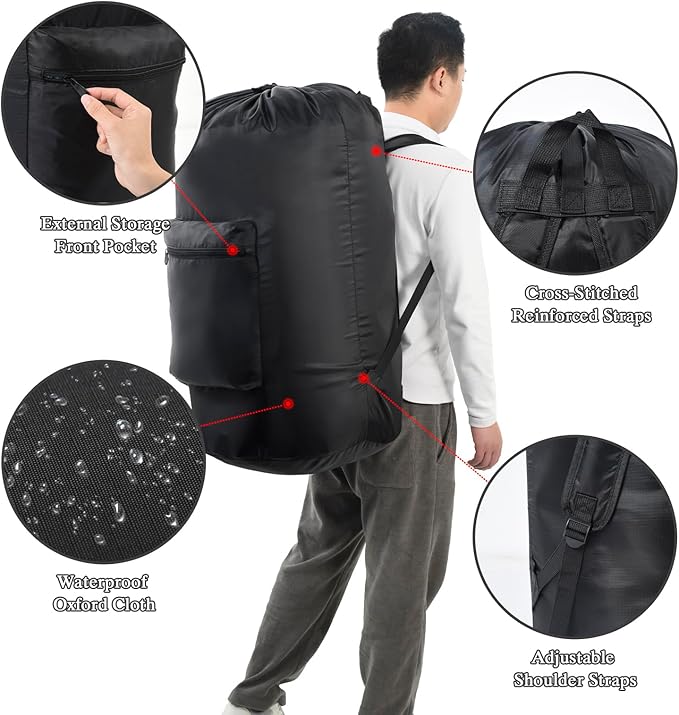OTraki Backpack Laundry Bag, Large Travel Laundry Bag with Adjustable Shoulder Straps, Portable Heavy Duty Dirty Clothes Laundry Backpack Bag for College Dorm/Laundromat/Apartment, Black