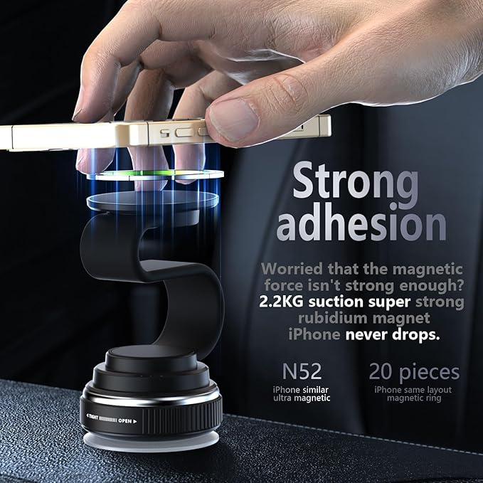 Magnetic Car Phone Holder Mount, 720° Adjustable Long Arm with Nano Gel Suction Cup, for iPhone & Android (Use Metal Plate), Universal Dashboard Windshield Phone Stand