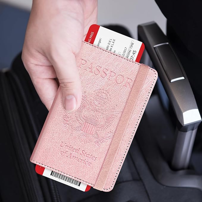 RSAquar Passport Holder for Women and Men, Premium PU Leather Travel Passport Wallet RFID Blocking Passport Cover Travel Documents Organizer (Rose Gold)