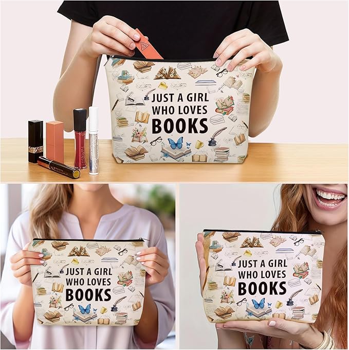 Book Lovers Gifts: Perfect Book themed Cosmetic Bag Just A Girl Who Loves Books For Daughters, Sisters, Friends,Teen Girls & Women.Ideal Bookish Gift For Travel, Birthdays, & Christmas.