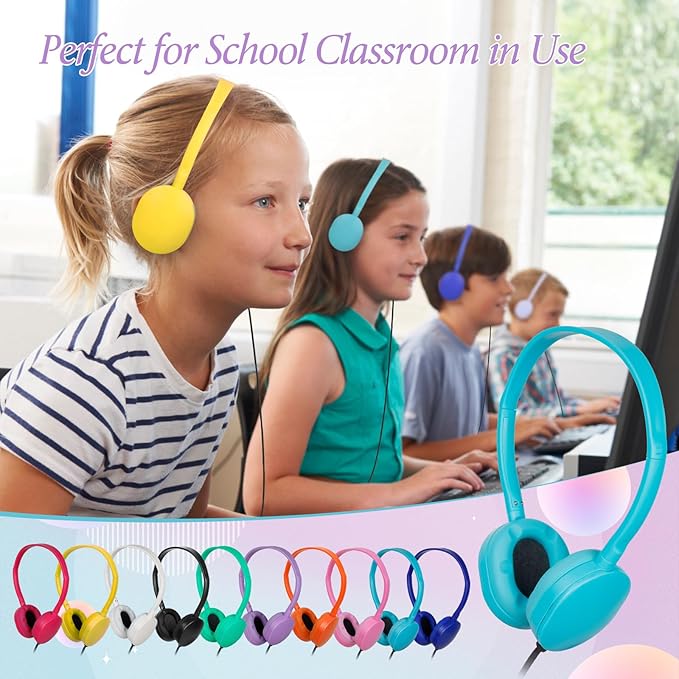 Classroom Kids Headphones Bulk 30 Pack Class Set of Headphones for Students Children Boys Girls Teen Adult,Group Learning, Computer Lab, Library, Online Lesson and Testing (10 Colors)