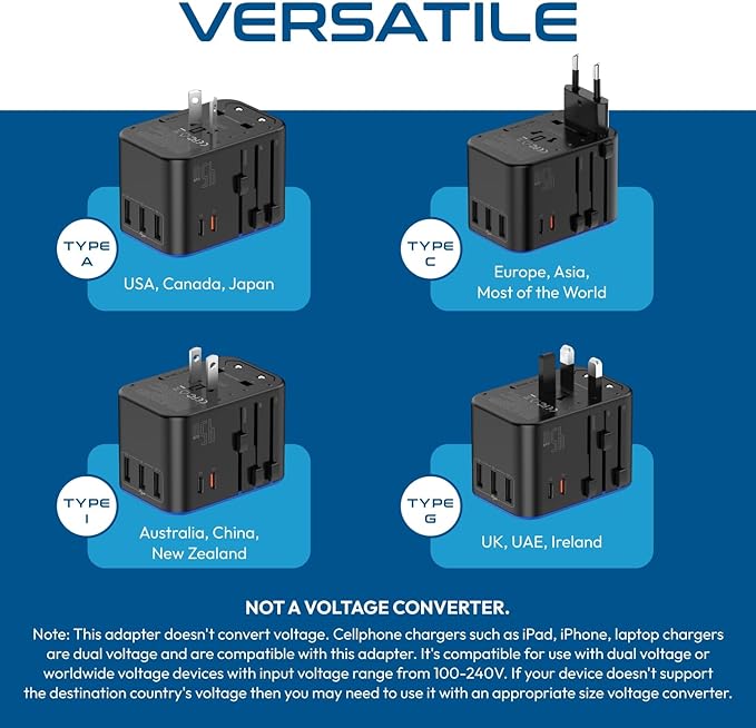 Ceptics Universal Travel Adapter, 45W International Power Adapter with PD & QC 3.0 Dual USB-C, 3 USB Travel Adapter Worldwide, Type I C G A Outlets 110V 220V A/C - EU Euro US UK (11-KU)