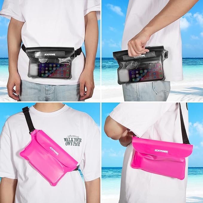ECHTPower 2-Pack Waterproof Pouch Bag, Waterproof Fanny Pack, Waterproof Dry Bag with Adjustable Waist Strap for Beach Swimming Kayaking Floating Boating