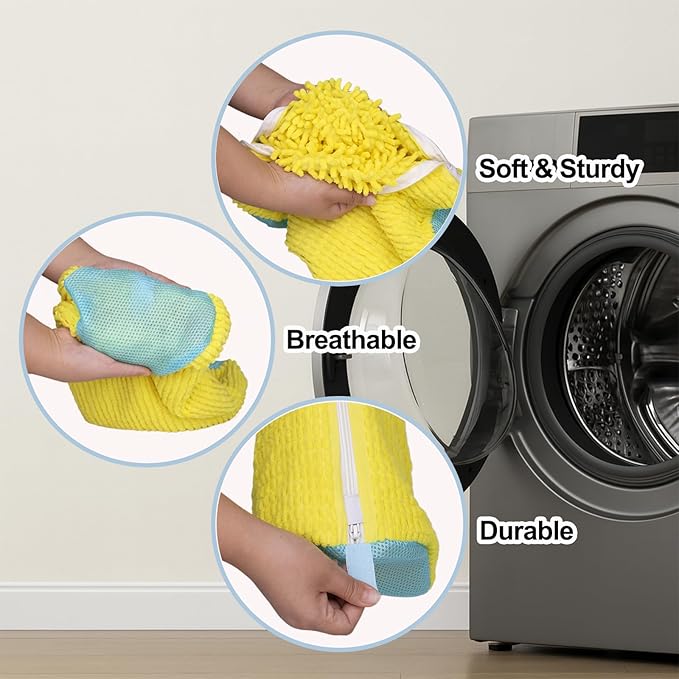 Shoe Washing Machine Bag, 4 Pcs Laundry Shoe Bags for Washer and Dryer with Chenille Liner, Large Reusable Mesh Bag for Sneakers, Gym, Tennis, Sports, Delicate, 2 Color Mix(Yellow+Gray)